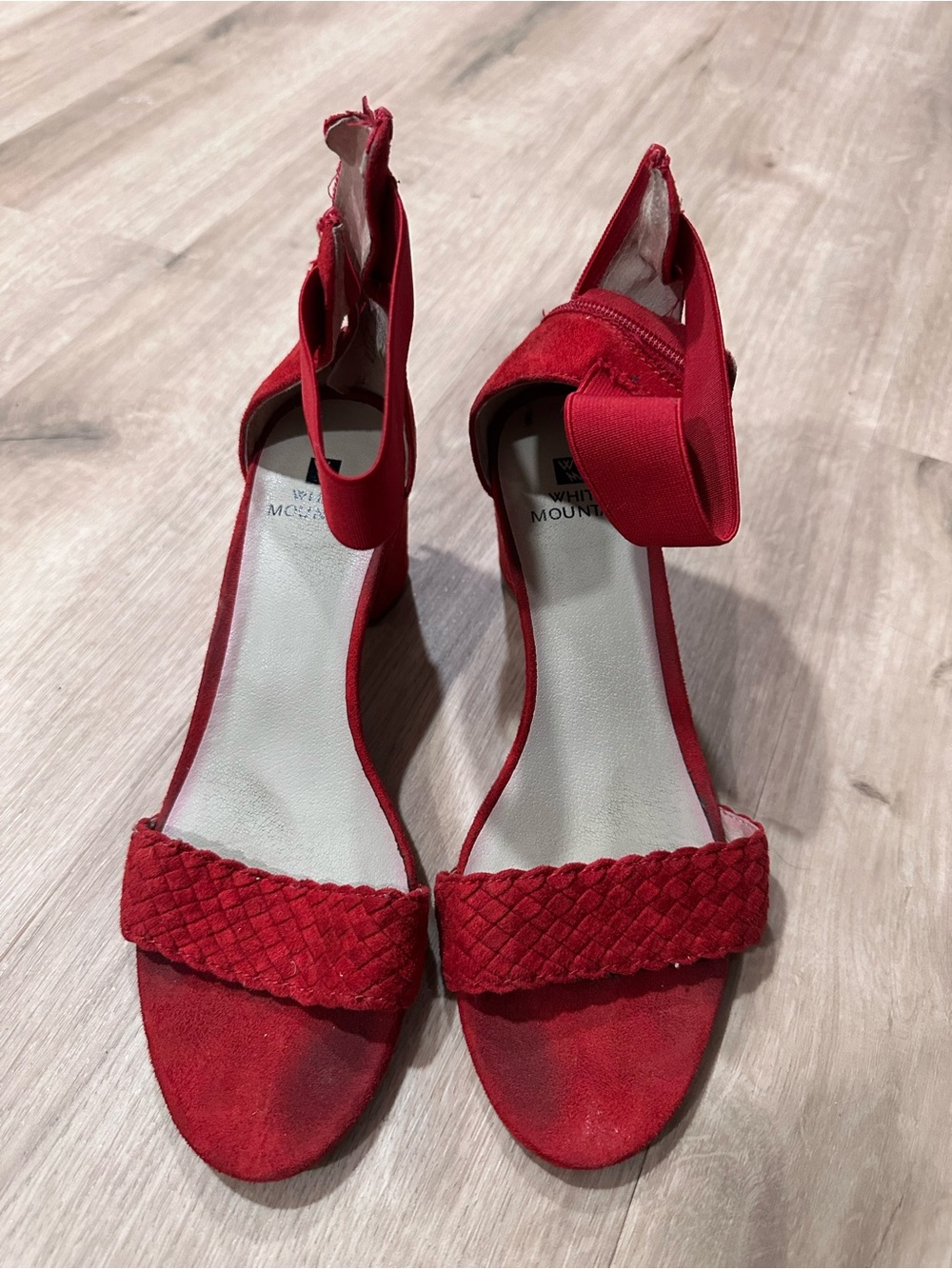 White Mountaineering Red Woven Suede Ankle-Strap Heels